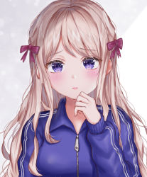 Rule 34 | 1girl, blonde hair, blush, hair ornament, hand on own face, highres, jacket, jersey, lips, long hair, looking at viewer, original, pink ribbon, purple eyes, ribbon, simple background, syatihoko, track jacket, track suit, zipper
