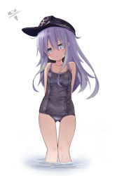 Rule 34 | 10s, 1girl, :&lt;, arms behind back, bad id, bad pixiv id, blue eyes, hat, head tilt, hibiki (kancolle), kantai collection, long hair, looking at viewer, one-piece swimsuit, partially submerged, personification, school swimsuit, silver hair, simple background, solo, sugar (sugar17), swimsuit, thigh gap, wading, water, wet, white background