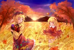 Rule 34 | 2girls, aki minoriko, aki shizuha, apple, arm behind head, autumn, autumn leaves, blonde hair, carrying, cloud, cornucopia, dress, food, frilled shirt collar, frilled skirt, frills, fruit, gradient sky, grapes, hair ornament, hat, highres, layered dress, leaf, leaf hair ornament, leg lift, looking at another, looking to the side, maple leaf, mob cap, mountain, multiple girls, niromi, one eye closed, outdoors, red dress, rice stalk, short hair, siblings, sisters, skirt, skirt hold, sky, smile, standing, standing on one leg, sunset, thick eyebrows, touhou, tree, twilight, yellow eyes