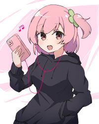 Rule 34 | 1girl, :d, assault lily, beamed eighth notes, black hoodie, blush, breasts, cellphone, clover, commentary, drawstring, earbuds, earphones, four-leaf clover, hand in pocket, hand up, highres, hitotsuyanagi riri, holding, holding phone, hood, hood down, hoodie, listening to music, long sleeves, looking at viewer, medium breasts, musical note, one side up, open mouth, phone, pink background, pink eyes, pink hair, pocket, short hair, smartphone, smile, solo, standing, teeth, two-tone background, upper body, upper teeth only, white background, yubari lemon (lemonlilie)