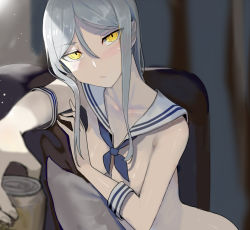 Rule 34 | 1girl, abyssal ship, arm out, blush, breasts, can, collarbone, cushion, detached collar, drink can, duplicate, hair between eyes, holding, holding can, kantai collection, long hair, looking at viewer, medium breasts, midriff, sailor collar, school uniform, see-through, serafuku, silver hair, sitting, soda can, solo, ta-class battleship, upper body, walzrj, wet, wet clothes, yellow eyes