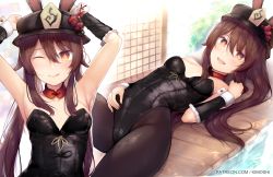 Rule 34 | 1girl, :d, ;q, animal ears, armpits, arms up, artist name, black headwear, black leotard, black pantyhose, blush, breasts, brown hair, closed mouth, collarbone, commentary, detached collar, english commentary, fake animal ears, frills, genshin impact, hair between eyes, hat, highleg, highleg leotard, highres, hu tao (genshin impact), kimoshi, leotard, long hair, looking at viewer, lying, multiple views, on back, on floor, one eye closed, open mouth, pantyhose, playboy bunny, rabbit ears, red eyes, small breasts, smile, star-shaped pupils, star (symbol), strapless, strapless leotard, symbol-shaped pupils, tongue, tongue out, twintails, underwear, water, wooden floor, wrist cuffs