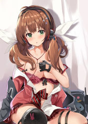 Rule 34 | 1girl, black gloves, blush, bow, bowtie, bra, breasts, brown hair, cleavage, covering breasts, covering privates, fingerless gloves, girls&#039; frontline, gloves, green eyes, hair ornament, hair ribbon, headphones, highres, howa type 89 (girls&#039; frontline), jacket, knee pads, long hair, medium breasts, open mouth, plaid, plaid skirt, red bow, red bowtie, red bra, red skirt, ribbon, skirt, solo, striped bow, striped bowtie, striped clothes, thigh strap, togo (korlsj1235), underwear, unworn bowtie