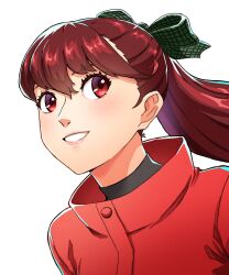 Rule 34 | 1girl, grin, highres, lips, long hair, looking at viewer, persona, persona 5, ponytail, red eyes, red hair, red sweater, smile, solo, sweater, teeth, yoshizawa kasumi, you nf