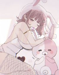 Rule 34 | 1girl, animal ears, animal hood, armlet, bare shoulders, blood, breasts, brown hair, fake animal ears, fishnet thighhighs, fishnets, flipped hair, from side, galaga, grey background, hair ornament, heart, hood, large breasts, leotard, looking at viewer, monomi (danganronpa), nanami chiaki, official alternate costume, one eye closed, pink blood, pink eyes, playboy bunny, rabbit hood, shi chi (o 7stx), simple background, sweat, tearing up, thighhighs