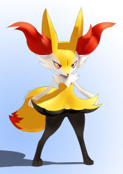 Rule 34 | 1girl, animal ear fluff, animal ears, animal hands, animal nose, artist name, black fur, blue background, body fur, braixen, creatures (company), dated, eryz, female focus, flat chest, fox ears, fox girl, fox tail, full body, furry, furry female, game freak, gen 6 pokemon, gradient background, highres, jpeg artifacts, legs apart, nintendo, pokemon, pokemon (creature), red eyes, signature, simple background, snout, solo, standing, tail, white fur, yellow fur