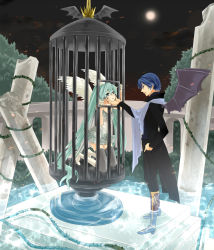 Rule 34 | 1boy, 1girl, angel wings, bad id, bad pixiv id, bat wings, blue eyes, blue hair, blue scarf, boots, cage, demon wings, green eyes, green hair, grey thighhighs, hatsune miku, in cage, in container, irono (irtyu), kaito (vocaloid), knee boots, kneeling, long hair, night, pillar, scarf, thighhighs, thorns, twintails, very long hair, vocaloid, water, wings