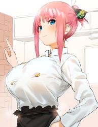 Rule 34 | 1girl, arm up, blue eyes, breasts, butterfly hair ornament, chef, collar, commentary request, go-toubun no hanayome, hair ornament, hand on own hip, highres, huge breasts, kitchen, large breasts, long hair, looking at viewer, nakano nino, nekoshoko, pink hair, raised eyebrows, shirt tucked in, smile, solo, standing, upper body