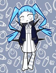 Rule 34 | 1girl, ado (utaite), anger vein, asymmetrical legwear, blue hair, blue jacket, chibi, closed mouth, collared shirt, commentary, dress shirt, full body, highres, jacket, leg warmers, long hair, long sleeves, looking at viewer, nori (norinori yrl), pleated skirt, rule-chan (ado), rule (ado), shirt, sidelocks, single leg warmer, skirt, solo, spikes, twintails, white leg warmers, white shirt, white skirt