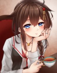 Rule 34 | 1girl, black vest, blue eyes, blush, bow, braid, braided ponytail, breasts, brown hair, casual, cleavage, commentary request, cup, elbows on table, hair between eyes, hair bow, hair ornament, hair over shoulder, hairpin, hand on own chin, hand up, head rest, highres, holding, holding cup, indoors, jewelry, kantai collection, long hair, long sleeves, looking at viewer, medium breasts, neckerchief, necklace, nuka (nvkka), open clothes, open vest, ornate ring, red bow, red neckerchief, ring, shigure (kancolle), shigure kai ni (kancolle), shirt, single braid, smile, solo, tea, teacup, upper body, vest, wedding ring, white shirt