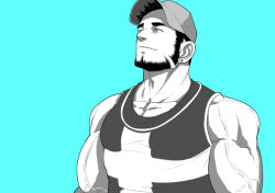 Rule 34 | 1boy, aqua background, aqua theme, bara, bare shoulders, baseball cap, beard, dungeon and fighter, earrings, facial hair, hat, jewelry, looking up, male focus, male priest (dungeon and fighter), mature male, muscular, muscular male, pectoral cleavage, pectorals, short hair, smile, solo, upper body, veins, xiawenjie
