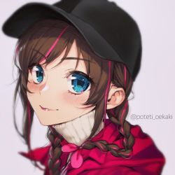 Rule 34 | 1girl, alternate costume, alternate hairstyle, artist name, baseball cap, black hat, blue eyes, blurry, blush, braid, brown hair, closed mouth, depth of field, eyelashes, grey background, hat, highres, jacket, kizuna ai, kizuna ai inc., lips, long hair, looking at viewer, multicolored hair, pink hair, portrait, poteti, red jacket, ribbed sweater, simple background, smile, solo, streaked hair, sweater, turtleneck, turtleneck sweater, twin braids, twitter username, two-tone hair, virtual youtuber