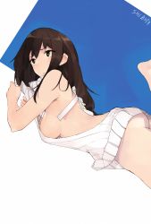 Rule 34 | 10s, 1girl, ass, backless outfit, bare back, bare shoulders, barefoot, breasts, brown hair, character name, dutch angle, earrings, green eyes, highres, idolmaster, idolmaster cinderella girls, iizuka izu, jewelry, long hair, looking up, lying, medium breasts, meme attire, naked sweater, on stomach, ribbed sweater, shibuya rin, shirt tug, sideboob, solo, sweater, virgin killer sweater