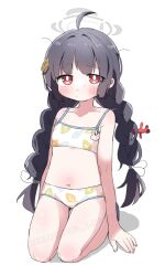 Rule 34 | 1girl, ahoge, bikini, black hair, blue archive, blush, braid, closed mouth, collarbone, commentary, coral, english commentary, flat chest, full body, grey halo, halo, leaf, leaf on head, leaf print, looking at viewer, mixed-language commentary, miyu (blue archive), miyu (swimsuit) (blue archive), nakajima lupus, navel, official alternate costume, print bikini, red eyes, seiza, simple background, sitting, solo, swimsuit, twin braids, variant set, white background, white bikini