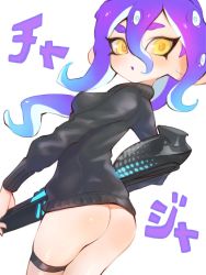 Rule 34 | 1girl, :o, ass, bad id, bad twitter id, black sweater, blue hair, bottomless, breasts, cowboy shot, dutch angle, from behind, gradient hair, hair between eyes, hero charger (splatoon), highres, jtveemo, long hair, long sleeves, looking back, multicolored hair, nintendo, octoling, octoling player character, purple hair, simple background, skindentation, small breasts, solo, splatoon (series), splatoon 2, suction cups, sweater, tentacle hair, thigh strap, two-tone hair, white background, yellow eyes