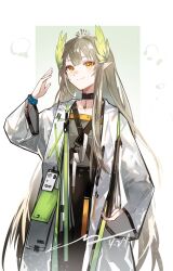 Rule 34 | 1girl, arknights, black choker, brown hair, choker, closed mouth, coat, cowboy shot, hair between eyes, hand up, highres, holding, infection monitor (arknights), lab coat, laurel crown, laurels, long hair, long sleeves, luan teng, mole, mole under eye, muelsyse (arknights), open clothes, open coat, orange eyes, pointy ears, rhine lab logo, smile, solo, very long hair, white background, white coat