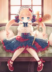 Rule 34 | 1girl, blonde hair, blue eyes, bonnet, bow, couch, dress, drill hair, frilled dress, frilled pillow, frills, green upholstery, hair bow, hair ornament, hair ribbon, holding, karunabaru, lolita fashion, long hair, looking at viewer, original, patterned upholstery, pillow, red footwear, ribbon, shoes, sitting, solo, staff, striped, twin drills, twintails