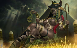 Rule 34 | 1girl, animal, animal hat, anubis (mythology), ass, bandaged leg, bandages, bandages over eyes, bare shoulders, bird, breasts, claw ring, cleft of venus, closed mouth, covered eyes, crossed legs, dark-skinned female, dark skin, dog hat, hat, highres, holding, holding staff, large breasts, magic, mole, mole under mouth, nipples, original, pussy, pussy peek, pyramid (structure), shiny skin, skull, smile, solo, staff, themaestronoob, thighlet, uncensored