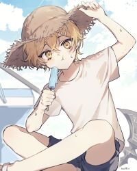 Rule 34 | 1boy, arm up, axe, blonde hair, blue shorts, blue sky, blush, cooler, crossed legs, food, hat, highres, limbus company, looking at viewer, love mintchoco, male focus, popsicle, pout, project moon, shirt, short sleeves, shorts, sinclair (project moon), sitting, sky, solo, straw hat, summer, sweat, t-shirt, white shirt, yellow eyes
