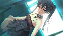 Rule 34 | 1girl, :d, backlighting, bare arms, black dress, black hair, breasts, brown eyes, cleavage, dress, game cg, hair between eyes, hair ribbon, hyakki ryouran no yakata, indoors, jewelry, layered dress, long hair, looking at viewer, m&amp;m, medium breasts, mikado ririka, necklace, open mouth, red ribbon, ribbon, short dress, sitting, sleeveless, sleeveless dress, smile, solo, twintails