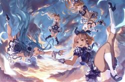 Rule 34 | 10s, 4girls, :d, alternate costume, artist name, ass, black footwear, black socks, blonde hair, blue bow, blue eyes, blue hair, blue ribbon, blue vest, blush, boots, bow, brown hair, brown ribbon, clothes lift, cloud, djeeta (granblue fantasy), falling, feathers, gloves, granblue fantasy, hair bow, hair ornament, hair ribbon, hairband, hands on own face, high heel boots, high heels, kimi to boku no mirai, kneehighs, leg ribbon, long hair, looking at viewer, lyria (granblue fantasy), mary (granblue fantasy), midriff, multiple girls, open mouth, outdoors, outstretched arms, panties, pantyshot, parted bangs, plaid, plaid skirt, ponytail, puffy short sleeves, puffy sleeves, ribbon, shoes, short hair, short sleeves, skirt, skirt lift, skirt tug, sky, smile, socks, underwear, uniform, upskirt, usanekorin, v arms, vest, vira (granblue fantasy), white footwear, white gloves, white legwear, white panties, wrist cuffs