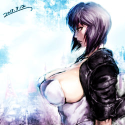 Rule 34 | 10s, 1girl, 2013, black lips, breasts, cropped jacket, dated, ghost in the shell, ghost in the shell stand alone complex, huge breasts, kusanagi motoko, large breasts, lipstick, makeup, profile, purple hair, sawao, short hair, sideboob, sleeves rolled up, solo