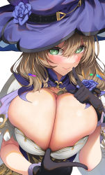 Rule 34 | 1girl, alternate breast size, asahina hikage, black gloves, blush, breasts, brown hair, bursting breasts, cleavage, closed mouth, clothes pull, corset, duplicate, finger to mouth, flower, from above, genshin impact, gloves, green eyes, hat, hat flower, hat ornament, highres, huge breasts, index finger raised, large breasts, lisa (genshin impact), long hair, looking at viewer, looking up, pulling own clothes, purple flower, purple hat, purple rose, rose, sexually suggestive, short sleeves, shushing, simple background, smile, solo, teasing, upper body, white background, witch
