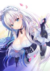 Rule 34 | 1girl, apron, at-yui, azur lane, belfast (azur lane), blue eyes, blush, braid, breasts, chain, cleavage, collar, collarbone, commentary request, dress, french braid, frills, gauntlets, gloves, hair between eyes, hand up, highres, large breasts, light particles, long hair, looking at viewer, maid, maid headdress, petals, sidelocks, silver hair, smile, solo, upper body, white gloves, wind
