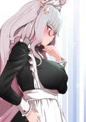 Rule 34 | :o, animal ears, apron, biwa hayahide (umamusume), blunt bangs, blush, breasts, cowboy shot, frilled sleeves, frills, from side, glasses, gradient hair, grey hair, hand on own chin, highres, horse ears, large breasts, long hair, long sleeves, looking at viewer, looking to the side, maid, maid headdress, multicolored hair, p.i.t.d, parted lips, pink hair, red-framed eyewear, semi-rimless eyewear, sidelocks, sideways glance, sleeve cuffs, striped, striped background, umamusume, under-rim eyewear, underbust, vertical stripes, very long hair, white apron