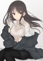 Rule 34 | 1girl, black pantyhose, black skirt, brown eyes, brown hair, brown sweater, closed mouth, commentary request, fur-trimmed jacket, fur trim, grey jacket, hinomaru (futagun), jacket, long hair, long sleeves, off shoulder, open clothes, open jacket, original, pantyhose, ribbed sweater, sitting, skirt, sleeves past wrists, smile, solo, sweater, turtleneck, turtleneck sweater, very long hair