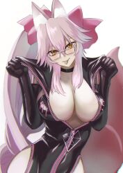 Rule 34 | 1girl, animal ear fluff, animal ears, black bodysuit, blush, bodysuit, bow, breasts, center opening, choker, cleavage, fate/grand order, fate (series), fox ears, fox girl, fox tail, glasses, hair between eyes, hair bow, highres, hip vent, koyanskaya (assassin) (first ascension) (fate), koyanskaya (fate), kugiseiichi, large breasts, long hair, looking at viewer, pink bow, pink hair, ponytail, sidelocks, smile, solo, tail, tamamo (fate), tongue, tongue out, white background, yellow eyes