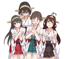 Rule 34 | 10s, 4girls, adjusting eyewear, ahoge, bare shoulders, black hair, blue eyes, blush, brown eyes, brown hair, collarbone, commentary, crying, crying with eyes open, detached sleeves, frown, glasses, green-framed eyewear, hairband, haruna (kancolle), headgear, hiei (kancolle), japanese clothes, jealous, jewelry, kantai collection, kirisato itsuki, kirishima (kancolle), kongou (kancolle), long hair, looking at hand, looking at viewer, multiple girls, no legwear, nontraditional miko, open mouth, own hands together, parted lips, ring, semi-rimless eyewear, short hair, simple background, smile, tearing up, tears, thighhighs, under-rim eyewear, wedding band, white background