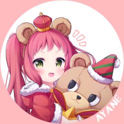 Rule 34 | 1girl, :d, animal ears, ayane (christmas) (princess connect!), ayane (princess connect!), bear ears, blush, brown background, capelet, character name, crown, diagonal stripes, fang, fur-trimmed capelet, fur-trimmed headwear, fur-trimmed hood, fur trim, green eyes, hat, hood, hood down, hooded capelet, hugging object, long hair, looking at viewer, mini crown, notice lines, open mouth, party hat, princess connect!, red capelet, red hair, setmen, sidelocks, smile, solo, star (symbol), striped clothes, striped headwear, stuffed animal, stuffed toy, teddy bear, twintails, two-tone background, v-shaped eyebrows, white background