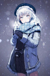 Rule 34 | 1girl, :o, black gloves, camera, commentary request, cowboy shot, cup, gloves, grey eyes, hat, highres, holding, holding cup, long sleeves, looking at viewer, original, outdoors, pantyhose, scarf, shiabisu, silver hair, snowing, solo, sweater, unzipped, winter, winter clothes