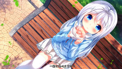 Rule 34 | 1girl, :t, bench, blue cardigan, blue eyes, blush, cardigan, chinomaron, closed mouth, commentary request, day, dutch angle, eating, food, from above, gochuumon wa usagi desu ka?, hair between eyes, hair ornament, highres, holding, holding food, kafuu chino, long hair, long sleeves, looking at viewer, looking up, neck ribbon, on bench, outdoors, park bench, pleated skirt, red ribbon, ribbon, sailor collar, school uniform, serafuku, silver hair, sitting, skirt, solo, thighhighs, translation request, very long hair, white sailor collar, white skirt, white thighhighs, x hair ornament
