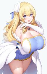 Rule 34 | 1girl, arm under breasts, blonde hair, blue bow, blue eyes, bow, breasts, cleavage, dress, drill hair, gloves, hair bow, highres, huge breasts, long hair, looking at viewer, multicolored clothes, multicolored dress, original, smile, solo, suruga (xsurugax), thick thighs, thighs, white gloves