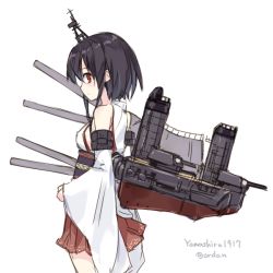 Rule 34 | 10s, 1girl, amagai tarou, character name, cowboy shot, detached sleeves, from side, kantai collection, machinery, nontraditional miko, short hair, sketch, solo, turret, twitter username, white background, yamashiro (kancolle)