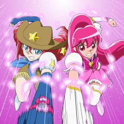 Rule 34 | 10s, 2girls, aino megumi, angry, blue eyes, bomber girls precure, boots, bow, brooch, brown skirt, clenched hands, clenched teeth, cowboy hat, cure lovely, female focus, fringe trim, full body, happinesscharge precure!, hat, heart, heart brooch, jewelry, long hair, magical girl, moritakusan, multiple girls, petals, pink background, pink bow, pink eyes, pink hair, pink skirt, ponytail, precure, puffy sleeves, punching, red eyes, red hair, red haired cure (bomber girls precure) (happinesscharge precure!), ribbon, skirt, star (symbol), symmetry, teeth, thigh boots, thighhighs, twintails, white legwear, wide ponytail