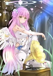 Rule 34 | 1girl, absurdres, angel wings, arm on knee, blue archive, burnt clothes, commentary request, dress, flower, hair bun, hair flower, hair ornament, hair scrunchie, halo, highres, hjhtp, injury, long hair, looking at viewer, low wings, mika (blue archive), pantyhose, phonograph, pink hair, scrunchie, single hair bun, sitting, sleeveless, sleeveless dress, smile, solo, torn clothes, white dress, white pantyhose, white wings, wings, yellow eyes