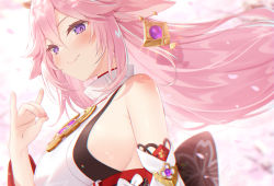 Rule 34 | 1girl, bare shoulders, blurry, blurry background, blush, breasts, closed mouth, commentary request, depth of field, detached sleeves, floating hair, fox shadow puppet, genshin impact, hair between eyes, long hair, long sleeves, medium breasts, petals, pink hair, purple eyes, shirt, sideboob, signature, sleeveless, sleeveless shirt, smile, solo, white shirt, wide sleeves, yae miko, yano mitsuki (nanairo)