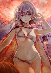 Rule 34 | 1girl, :d, absurdres, alternate breast size, bikini, bikini under clothes, breasts, cape, fang, full moon, highres, kamu kotan, looking at viewer, medium breasts, moon, navel, night, night sky, no headwear, open mouth, outdoors, pumpkin, red sky, remilia scarlet, revealing clothes, scarlet devil mansion, skin fang, sky, smile, solo, swimsuit, touhou