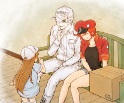 Rule 34 | 10s, 1boy, 2girls, ae-3803, ahoge, bad id, bad pixiv id, baseball cap, bench, box, breast pocket, brown hair, closed eyes, clothes writing, colored skin, contllenge, cropped jacket, finger to mouth, from behind, hair over one eye, hat, hataraku saibou, long hair, multiple girls, platelet (hataraku saibou), pocket, red blood cell (hataraku saibou), red hair, shorts, shushing, sitting, sleeping, u-1146, white blood cell (hataraku saibou), white hair, white skin