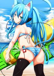 Rule 34 | 1girl, animal ears, bad id, bad pixiv id, beach, bikini, black thighhighs, blue hair, blush, cat ears, cat tail, cloud, coup (shun soku), day, digital media player, from behind, green eyes, headphones, long hair, looking at viewer, looking back, object in clothes, object in swimsuit, ocean, original, outdoors, oversized object, shun soku, side-tie bikini bottom, sky, solo, striped bikini, striped clothes, swimsuit, tail, thighhighs, water gun