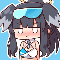 Rule 34 | 1girl, :i, animal ears, bare shoulders, black hair, blue archive, blue background, blunt bangs, blush, breasts, character name, cheerleader, cleavage, closed mouth, goggles, goggles on head, halo, hana kazari, hibiki (blue archive), hibiki (cheer squad) (blue archive), highres, looking at viewer, medium breasts, millennium cheerleader outfit (blue archive), nose blush, outline, ponytail, pout, sidelocks, simple background, solo, upper body, v-shaped eyebrows, white outline