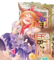 Rule 34 | 1girl, barefoot, belt, blush, bow, box, chain, closed eyes, commentary request, cube, drunk, fangs, flat chest, foot out of frame, gourd, hair bow, highres, horn bow, horn ornament, horns, htk mikan, ibuki suika, long hair, nose blush, open mouth, orange hair, orb, purple bow, purple skirt, pyramid (structure), red bow, ribbon-trimmed skirt, ribbon trim, shirt, sidelocks, sitting, skirt, sleeveless, sleeveless shirt, smile, solo, squeans, touhou, translation request, very long hair, wake, white shirt, wrist cuffs