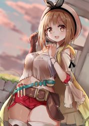 Rule 34 | 1girl, :d, atelier (series), atelier ryza, atelier ryza 1, belt, blush, breasts, brown eyes, brown hair, cleavage, cloud, commentary request, evening, hair ornament, hairclip, haru (renol), hat, highres, looking at viewer, medium breasts, midriff, navel, open mouth, red shorts, reisalin stout, short hair, short shorts, shorts, sky, smile, solo, standing, teeth, thighhighs, thighs, upper teeth only, white hat, white thighhighs