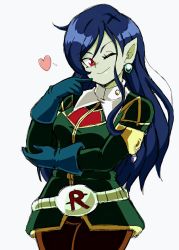 Rule 34 | 1girl, blue hair, commission, demon girl, dragon ball, dragon ball heroes, earrings, female focus, gloves, jewelry, lewdamone, long hair, looking at viewer, md5 mismatch, one eye closed, pantyhose, point ears, pointy ears, red eyes, robelu, smile