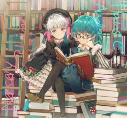 Rule 34 | 10s, 1boy, 1girl, aqua bow, aqua bowtie, black-framed eyewear, black bow, black pants, blue eyes, blue hair, blue shorts, book, book stack, bookshelf, bow, bowtie, brown footwear, crossed legs, dangmill, fate/extra, fate/extra ccc, fate (series), food print, gothic lolita, grey hair, hair bow, hans christian andersen (fate), ladder, leaning forward, lolita fashion, long hair, long sleeves, looking down, multicolored bow, mushroom print, nursery rhyme (fate), open book, pants, pantyhose, pink bow, purple eyes, quill, reading, shoes, shorts, sitting, striped, striped bow, wing collar
