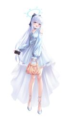 Rule 34 | 1girl, absurdres, bag, blue archive, blue choker, blue dress, blue halo, blush, cellphone, choker, collarbone, dress, full body, grey hair, hair between eyes, halo, highres, holding, holding bag, holding phone, long hair, looking at viewer, miyako (blue archive), open mouth, phone, purple eyes, shira jun, shoes, sleeves past wrists, smartphone, smile, solo, transparent background, white footwear