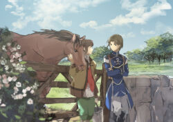 2boys brown_coat brown_hair brown_horse bucket coat crossed_arms gensou_suikoden gensou_suikoden_iii grass green_eyes holding holding_bucket horse long_sleeves looking_at_another marimob multiple_boys sasarai_(suikoden) short_hair thomas_(suikoden) tree